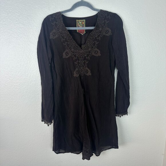 Johnny Was Brown Embroidered Tunic Blouse S Boho Embroidered Cottagecore Neutral - Picture 1 of 10